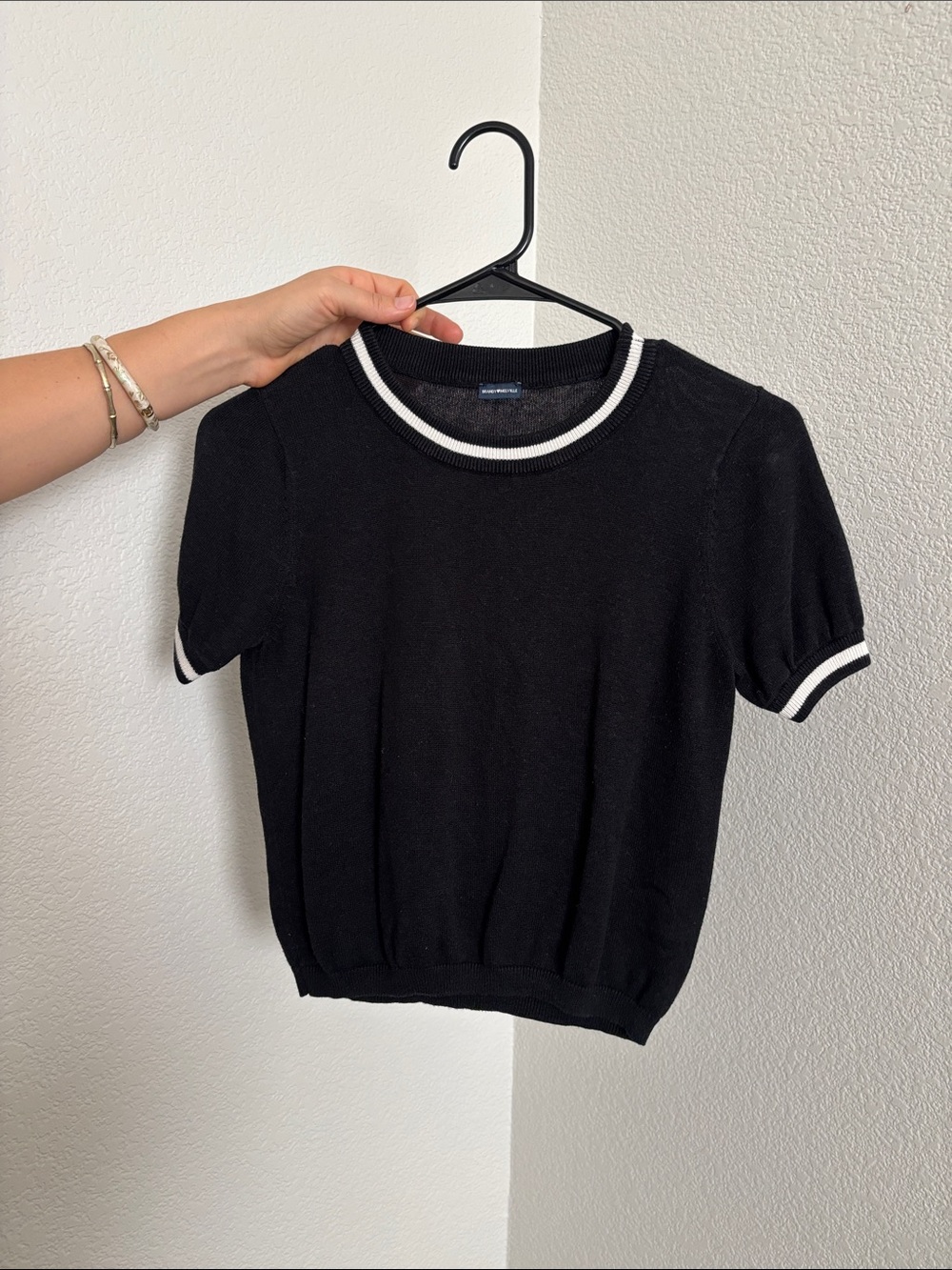 Black Short-Sleeve Knit Top with White Trim